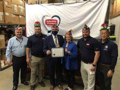 Representatives from Suburban Propane, Happy Hats for Kids, and the City of Torrance decorated superhero and holiday hats and assembled Hero Club Gift Packages with bilingual books, crayons and stickers which will be provided to children with cancer, COVID-19, and other life-threatening illnesses. Suburban Propane’s donation will fund more than 1,300 hats and Hero Club Gift Packages to kids in more than 65 Torrance-area hospitals.