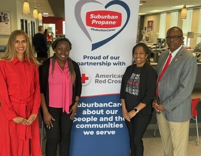 In the photo L-R: Nandini Sankara, Spokesperson, Suburban Propane; Beverly Chukwudozie, a sickle cell patient; TaLana Hughes, Executive Director of the Sickle Cell Disease Association of Illinois (SCDAI); Mark Thomas, the interim CEO of the Red Cross of Illinois, speak at the Chicago blood drive promoting sickle cell disease awareness. The effort is part of Suburban Propane’s SuburbanCares initiative in communities across the nation. (Photo courtesy of Suburban Propane).